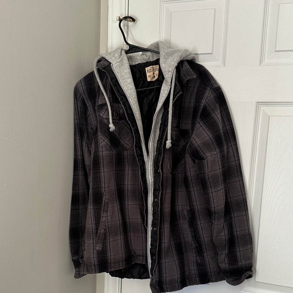RedHead Black and Gray Plaid Shirt Jacket with Hood